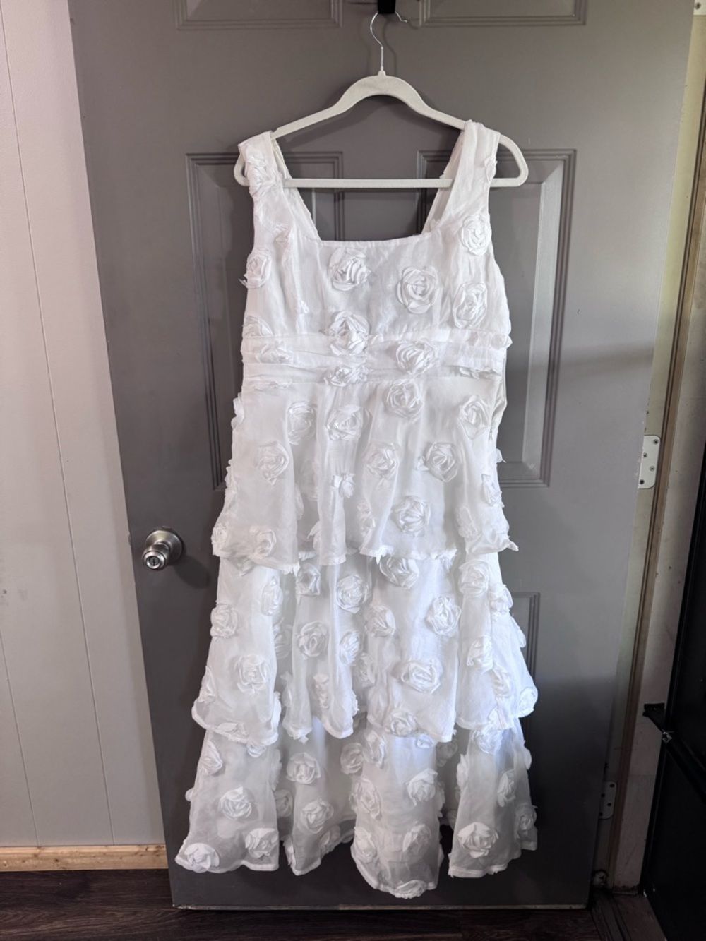 Lulu's White Tiered Floral Appliqué Midi Dress